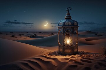 Naklejka na ściany i meble Muslim Holy Month Ramadan Kareem - Ornamental Arabic Lantern With Burning Candle Glowing At Evening,generative ai.
