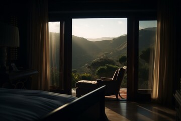 Cinematic view of inside of a resort. Generative AI 