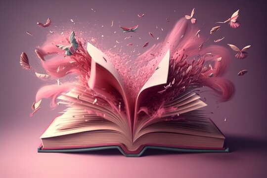With its bold color and dynamic composition, this image of a pink open book with pages flying from it is sure to catch the eye and spark the imagination. Generative AI.