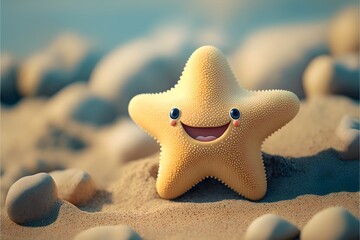 Wallpaper Illustration and background of a cute, lovely starfish. Front View. Concept of cute marine animals, children cartoon. Generative AI.
