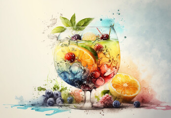 Tropical summer cocktail, illustration. Summer cocktail painting with tropical fruits. Watercolor coktail. Generative AI 