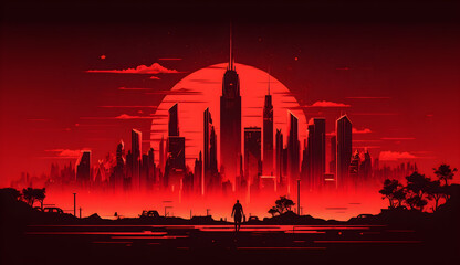  skyscrapers in red colors. Retro style vector image in minimalism and neon watercolor
