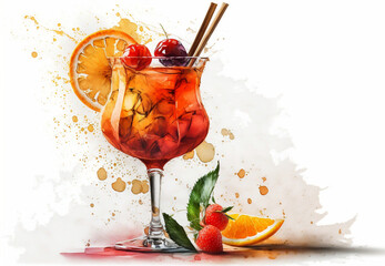 Tropical summer cocktail, illustration. Summer cocktail painting with tropical fruits. Watercolor coktail. Generative AI 