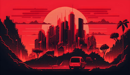  skyscrapers in red colors. Retro style vector image in minimalism and neon watercolor