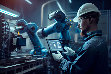 Real-time monitoring of robotic machines and processes in a metalworking plant. Workers use digital tablets to control the robot arm.