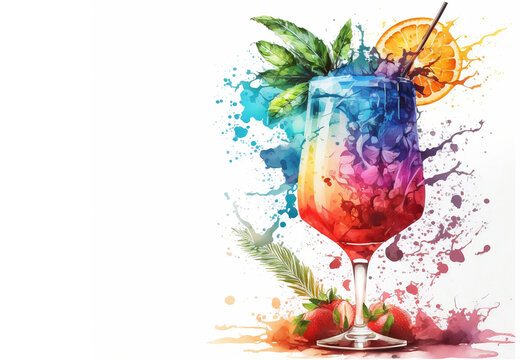 Tropical summer cocktail, illustration. Summer cocktail painting with tropical fruits. Watercolor coktail. Generative AI 
