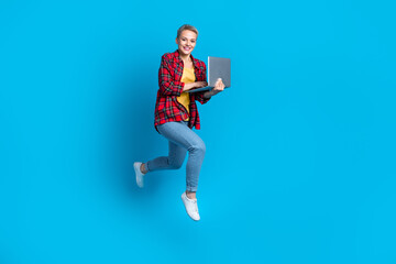 Full length size photo cadre of young perspective programmer junior coder woman student hold...