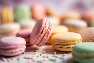 Colorful macaroons on table, generative ai