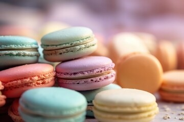 Obraz premium Colorful macaroons on table, generative ai