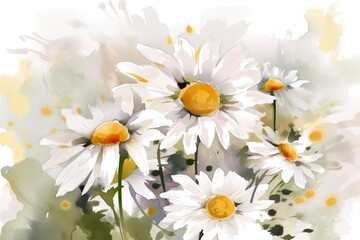 Obraz premium Spring watercolor background with daisies. Generative AI