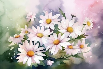 Spring watercolor background with daisies. Generative AI
