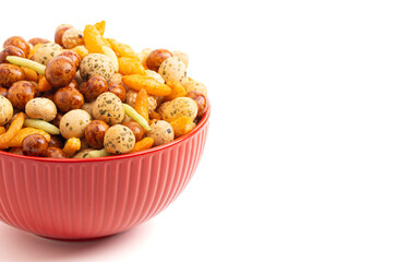 A Trail Mix of Various Rice Crackers a Spicy and Salty Snack on a White Background