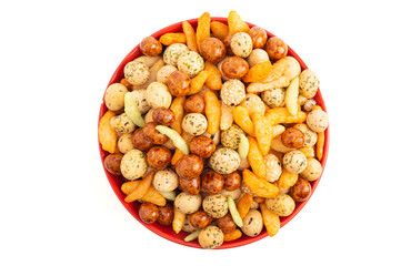 A Trail Mix of Various Rice Crackers a Spicy and Salty Snack on a White Background