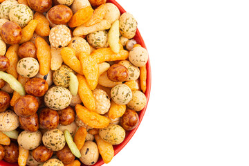 A Trail Mix of Various Rice Crackers a Spicy and Salty Snack on a White Background