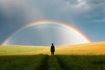 Fototapeta na wymiar Hope and Possibility - Person Standing Infront of a Rainbow