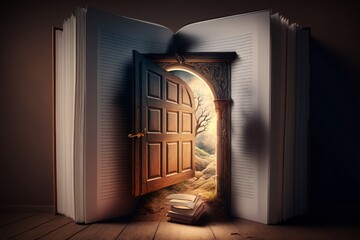 AI GENERATIVE, a giant open book in which there is a door that transports you to a world full of fantasy,