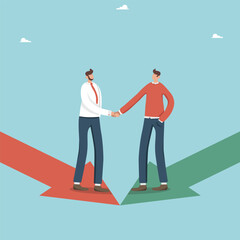 Teamwork or brainstorming for success, cooperation or partnership, business merger or acquisition, common interests or motivation to solve problems, businessman's make a deal and shake hands in arrows