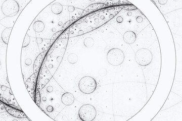 Black pattern of curved lines and circles on a white background. Abstract fractal 3D rendering