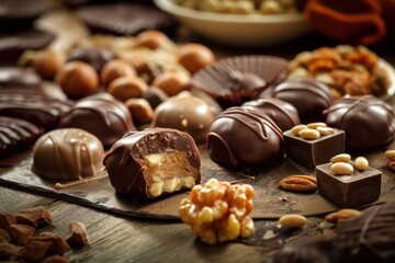 Decadent delights: Indulging in the rich flavors of pralines and truffles infused with nuts and chocolate, generative ai