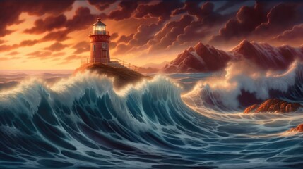 Lighthouse on rocks during hurricane storm, turbulent ocean surf, high waves crashing, dramatic clouds, stormy seas, sunset seascape - generative AI