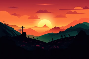 Vector landscape on religious theme Easter illustration with mount Calvary and a silhouettes of three crosses at sunset Banner for Easter or good Friday. Generative AI