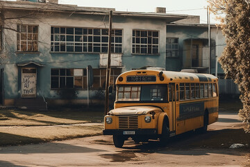 Fototapeta na wymiar School building with a bus parked in front of it