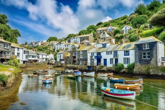 Fishing Village, Polperro, Cornwall, England, Colorful Cottages, Wooden Boats, Vibrant Sky, Generative AI