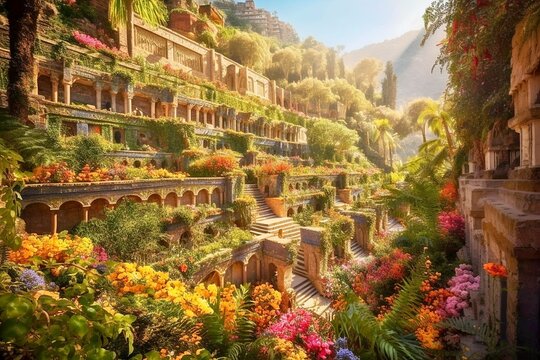 Gardens of Babylon, Vibrant Sky, Lush Foliage, Cascading Terraces, Exotic Flowers.