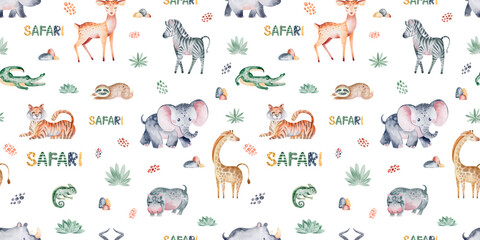 Safari animals seamless pattern with tropical leaves. Watercolor seamless pattern. Packaging design, poster, fabrics, digital paper, sublimation.