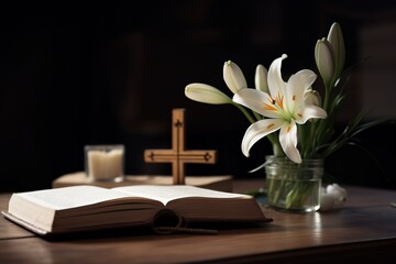Wooden cross, Holy Bible and white lily on table. Generative AI