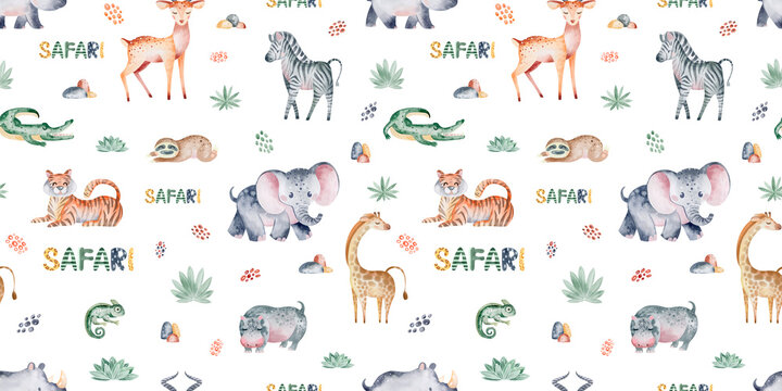 Safari animals seamless pattern with tropical leaves. Watercolor seamless pattern. Packaging design, poster, fabrics, digital paper, sublimation.