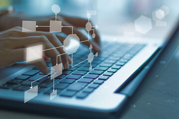 Business process and workflow automation with flowchart, businesswoman in background	