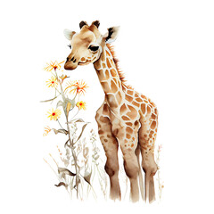 Baby giraffe with flowers watercolor, Generative AI