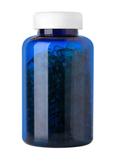 Fish oil dietary supplement capsules in blue  glass bottle