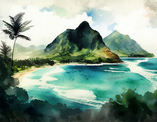 Watercolor tropical hawaiian landscape with ocean beach and mountains. Concept for National Hawaii Day or Statehood Day. Generative AI