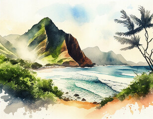 Watercolor tropical hawaiian landscape with ocean beach and mountains. Concept for National Hawaii Day or Statehood Day. Generative AI