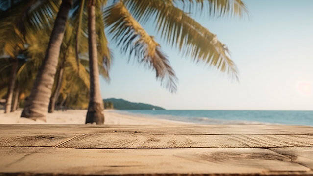 Empty wooden board with coconut tree and sea summer background