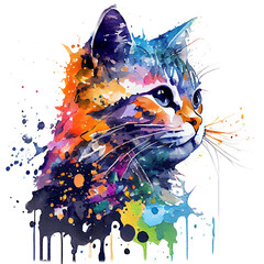 illustration cat face with colorful splashes, Can be used for the logo, t-shirt design, posters, banners, greetings, print design, generative ai - obrazy, fototapety, plakaty