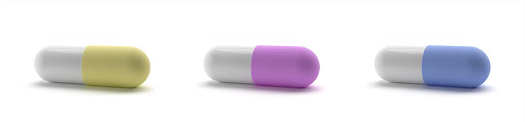 Capsule pill medicine for healthcare.Colorful capsules set 3D rendering. Realistic color pills. Set of color drug capsules. Pharmacy medicine and healthcare. Antibiotic or vitamins.