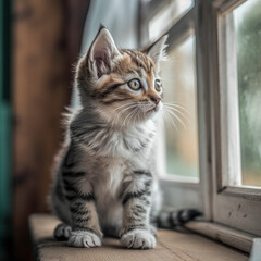 Domestic kitten looking out the window