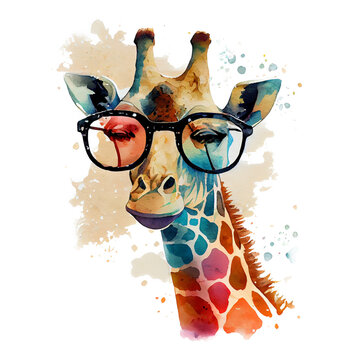 Giraffe illustration for t-shirt, Portrait of safari giraffe with watercolored PNG background and splashes, Generative ai