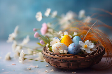 Close-up View of a Vibrantly Colored Easter Egg-filled Basket Surrounded by Fresh Spring Flowers against a Soft Blurred Background, made with Generative AI
