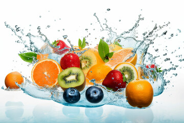 Healthy food diet freshness concept. Fresh multi fruits and vegetables splashing blue clear water. Isolated white background AI generated illustration.
