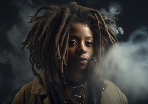 Portrait of a dreadlock black woman using vaporizer on dark background. Generative AI.