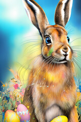 Easter concept, Cute Bunny with Eggs In Flower Field, generative ai