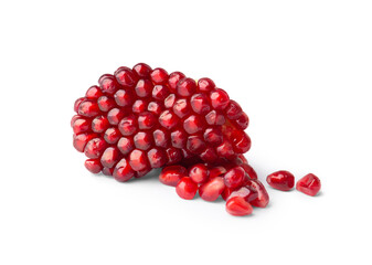Peeled slice of a pomegranate with large grains on a white background close-up.