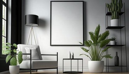 Modern living room Interior design with black poster mockup frame, Blank wooden picture mockup on wall for presentation painting, photo or poster in interior design