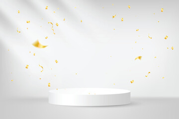 White Stage Podium With Golden Confetti And Streamer Ribbon On Studio Background. Vector Illustration