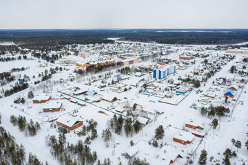 Western Siberia, Khanty-Mansi Autonomous Okrug: Russkinskaya village. Aerial view.