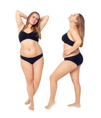 Naklejka premium Collage of smiling woman with overweight natural body posing.